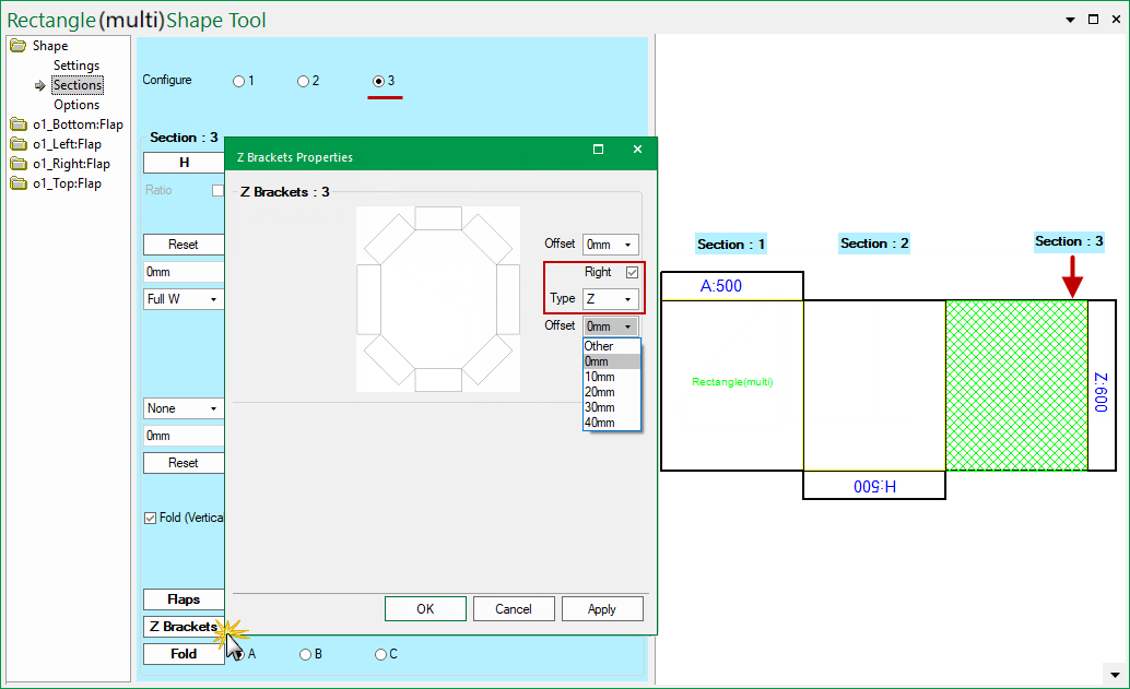 Click to view enabled Flaps for Section 3 of Shape